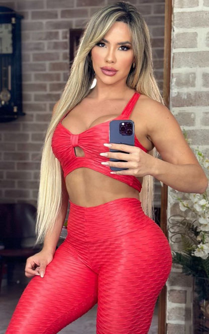 Conjunto Fitness Brocado Vermelho Top Laço e Legging