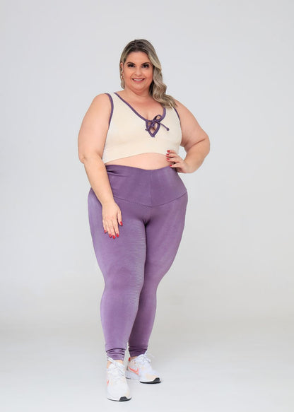 Conjunto Fitness Top Kátia Off White e Legging Lilás