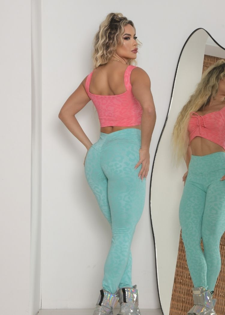 Conjunto Fitness Oncinha Top Goiaba Legging Azul Empina Bumbum