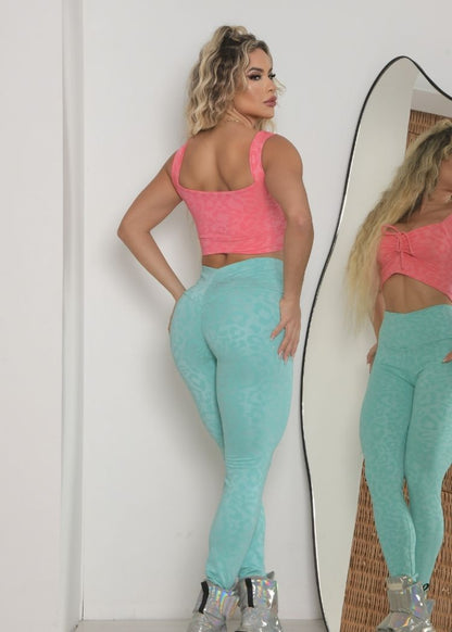 Conjunto Fitness Oncinha Top Goiaba Legging Azul Empina Bumbum