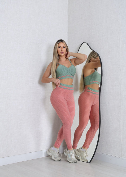Conjunto Fitness  Top Viés Verde Legging Filete Goiaba