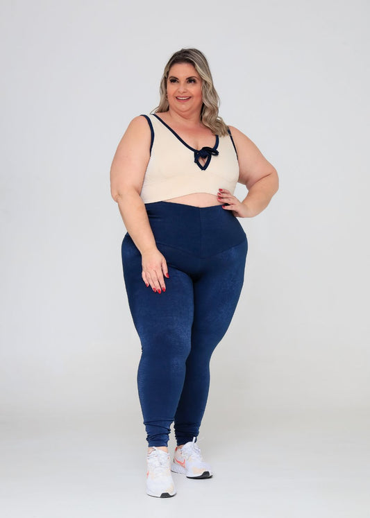 Conjunto Fitness Top Kátia Off White e Legging Azul Marinho