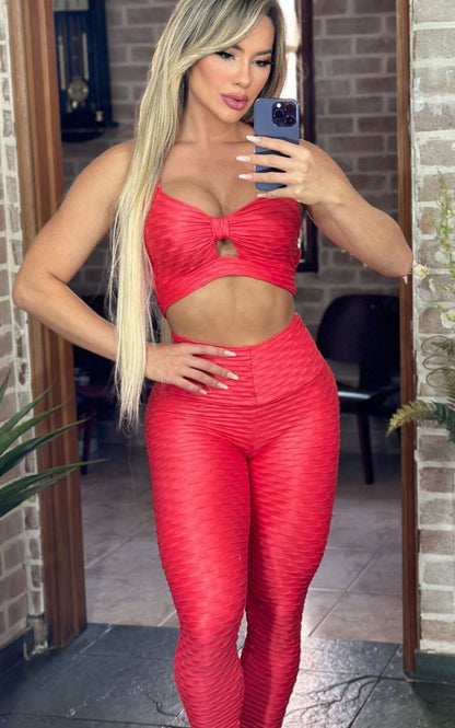 Conjunto Fitness Brocado Vermelho Top Laço e Legging