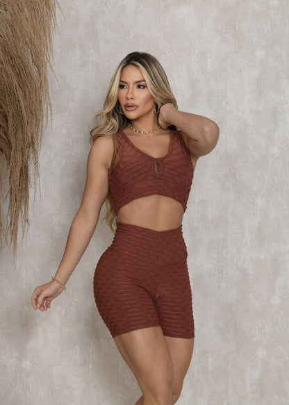 Conjunto Fitness Top Short Empodere Marrom Brocado