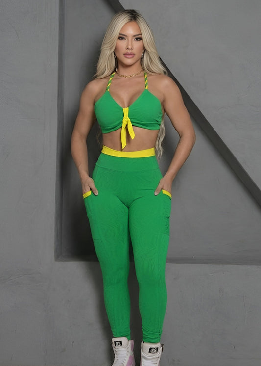 Conjunto Fitness Top Laço Legging Verde Zebra Coleção Brasil