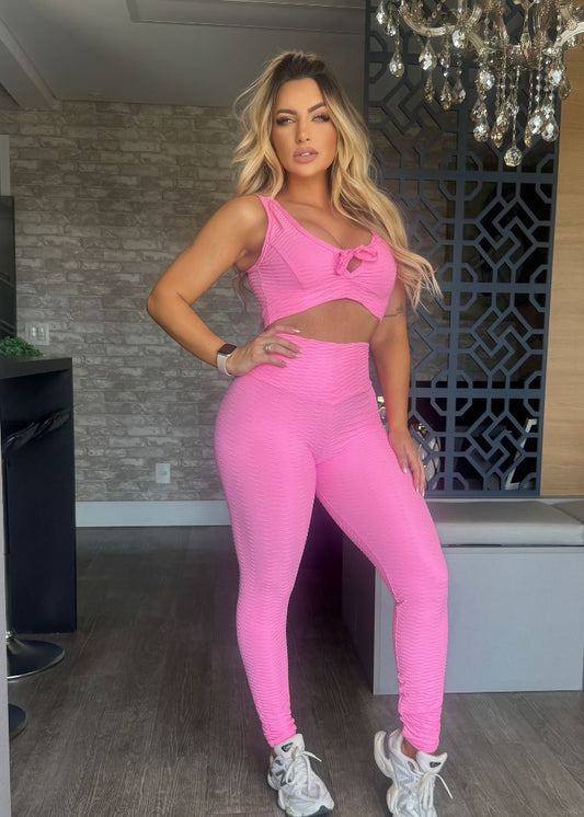 Conjunto Fitness Brocado Top e Legging Rosa Zero Transparência