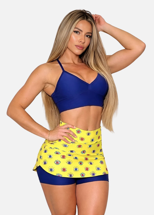 Conjunto Fitness Top Viés Azul Royal Short Saia Estampado Olho Grego
