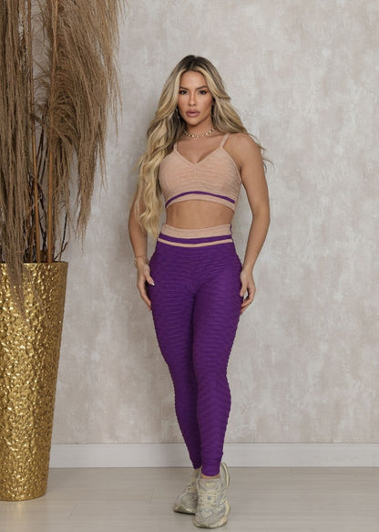 Conjunto Fitness  Top Viés Off White Legging Filete Roxa
