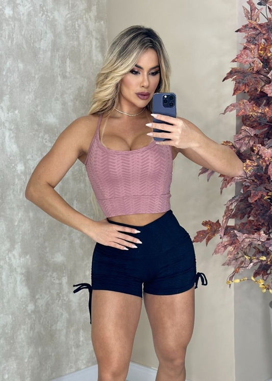 Conjunto Fitness Zig Zag Top Cropped Rosé e Short Preto