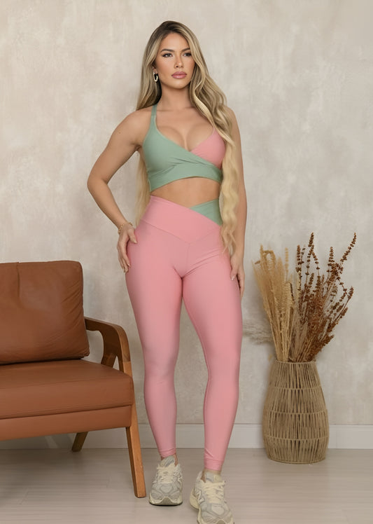 Conjunto Fitness Top Transpassado Verde Legging Transversa Rosa