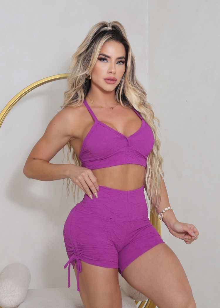 Conjunto Fitness Alto-Relevo Top e Short Roxo
