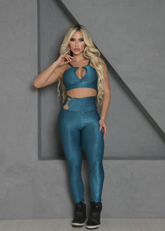 Conjunto Fitness Azul Petróleo com Decote Empina Bumbum