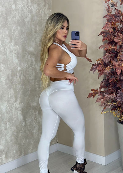Conjunto Fitness Branco Liso Top Rolotê Legging Empina Bumbum