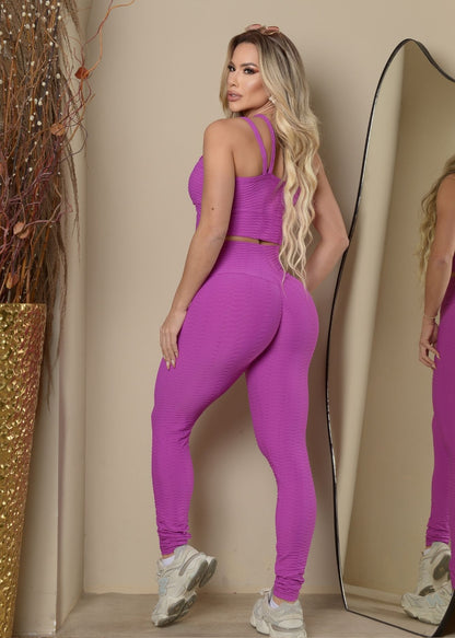 Conjunto Fitness Brocado Lilás Top com Tiras e Legging Lilás