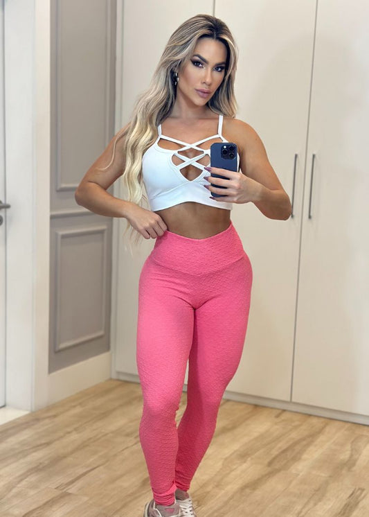 Conjunto Fitness Brocado Top Branco Trançado Legging Goiaba