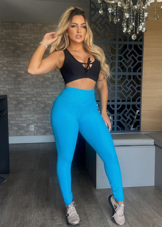 Conjunto Fitness Brocado Top Preto e Legging Azul