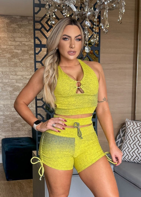Conjunto Fitness Chapisco Amarelo e Verde com Laço Empina Bumbum