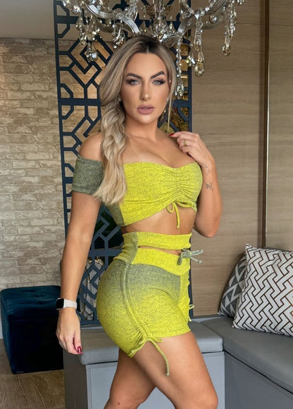 Conjunto Fitness Chapisco Amarelo e Verde com Manguinha