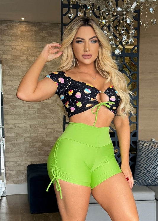 Conjunto Fitness Cupcake Top Manguinha Short Verde Neon