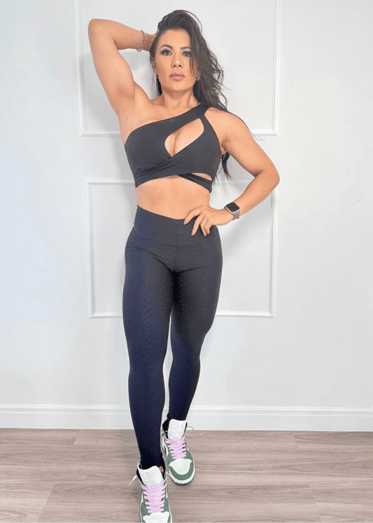 Conjunto Fitness Top Abril e Legging Onça Preta Zero Transparência