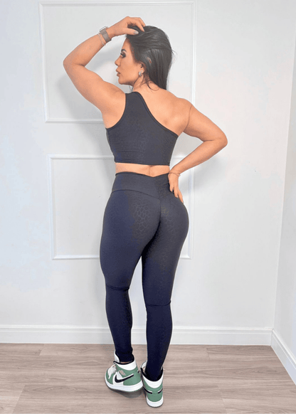 Conjunto Fitness Top Abril e Legging Onça Preta Zero Transparência