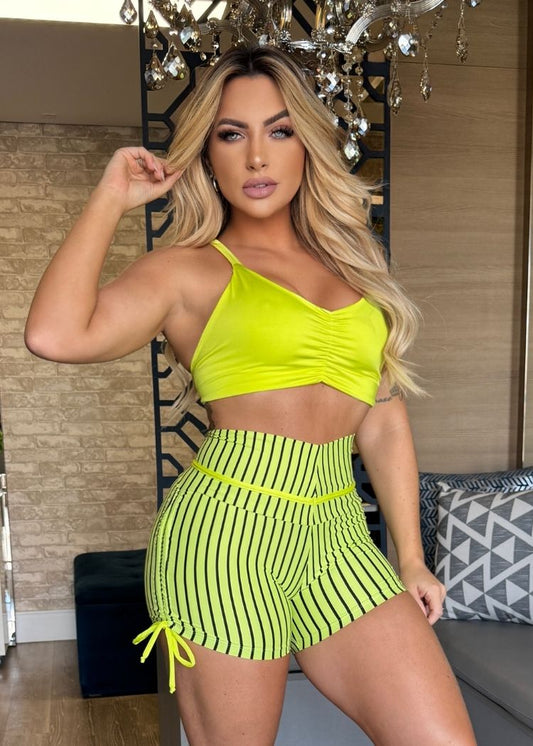 Conjunto Fitness Top Amarelo Neon com Decote Short Listrado