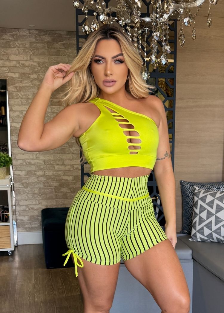 Conjunto Fitness Top Amarelo Neon com Tiras Short Listrado