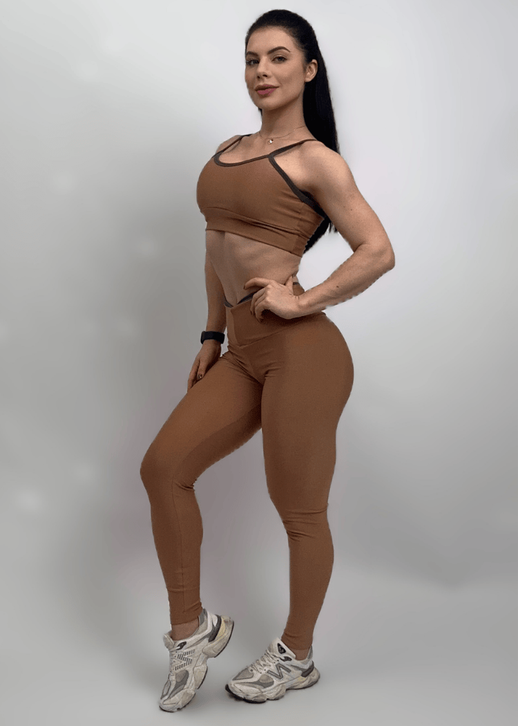 Conjunto Fitness Top Básico e Legging Capana Marrom Empina Bumbum