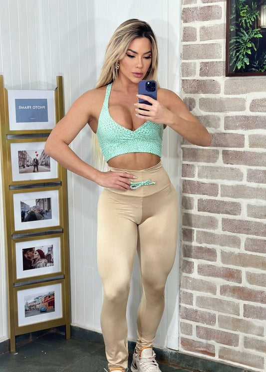 Conjunto Fitness Top Cobra Verde Água Legging Dourada