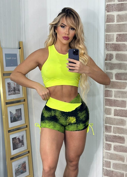 Conjunto Fitness Top Cropped Short Tie Dye com Regulagem