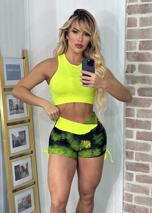 Conjunto Fitness Top Cropped Short Tie Dye com Regulagem