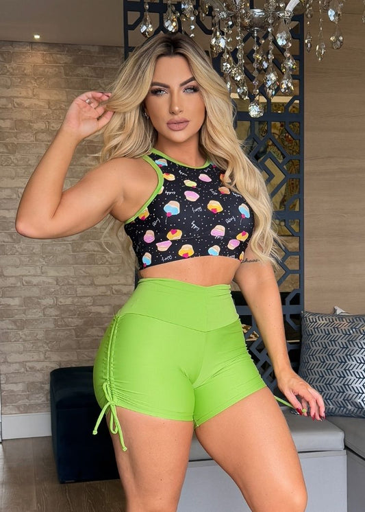 Conjunto Fitness Top Fechado Cupcake e Short Verde Neon