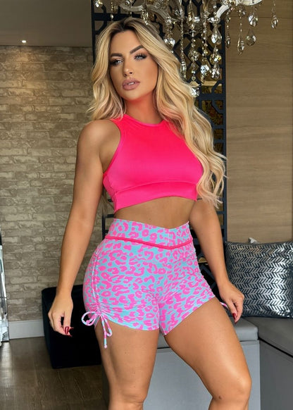 Conjunto Fitness Top Fechado Pink e Short Oncinha Lilás