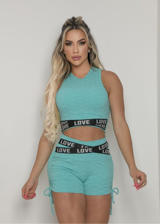 Conjunto Fitness Top Fechado e Short Verde Água Love Jacquard