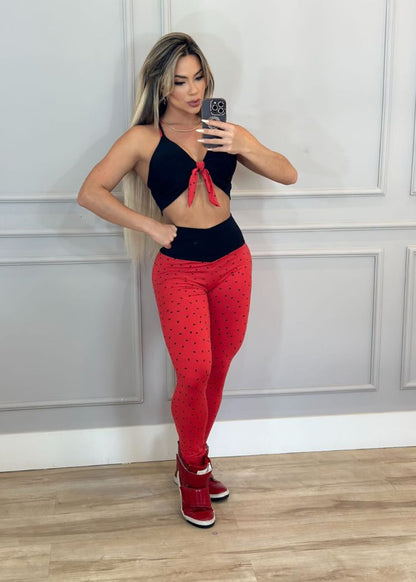 Conjunto Fitness Top Laço Preto e Legging Melancia
