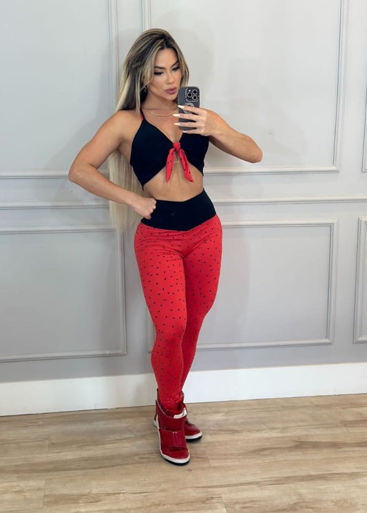 Conjunto Fitness Top Laço Preto e Legging Melancia