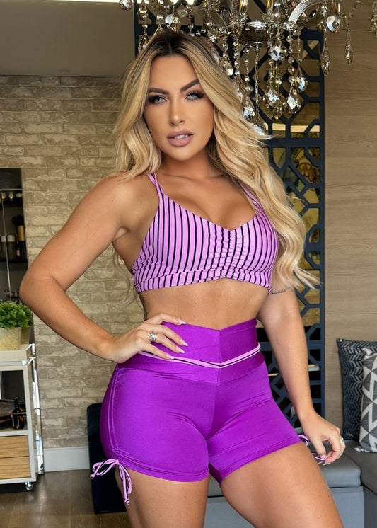 Conjunto Fitness Top Lilás Listrado com Decote Short Roxo