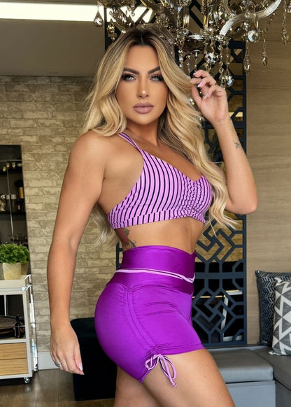 Conjunto Fitness Top Lilás Listrado com Decote Short Roxo