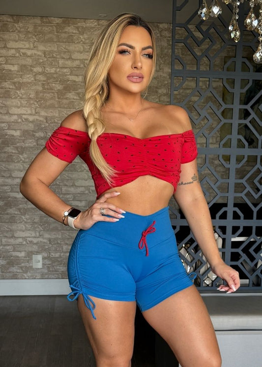 Conjunto Fitness Top Manguinha Melancia Short Azul com Laço