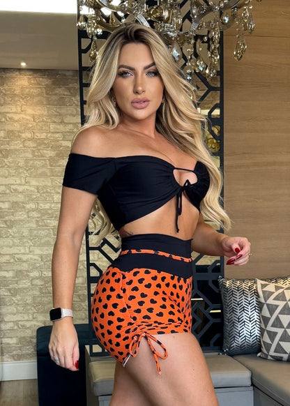 Conjunto Fitness Top Manguinha Preto Short Coral Coração