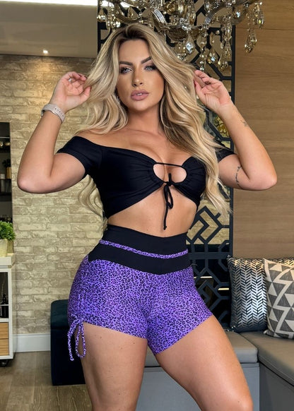 Conjunto Fitness Top Manguinha Preto Short Oncinha Lilás Empina Bumbum