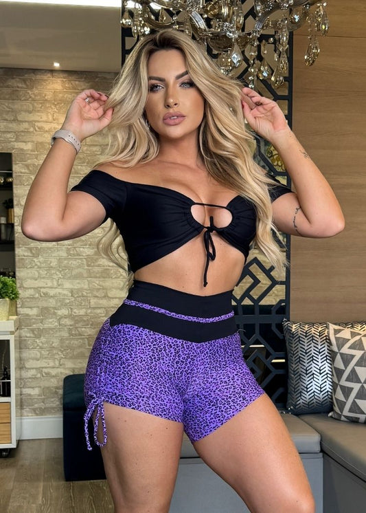 Conjunto Fitness Top Manguinha Preto Short Oncinha Lilás Empina Bumbum