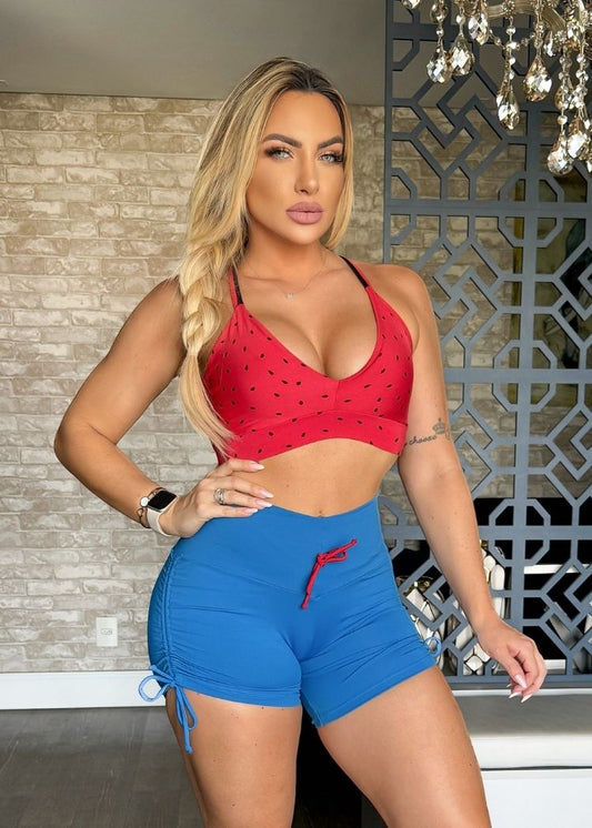 Conjunto Fitness Top Melancia com Decote Short Azul com Laço