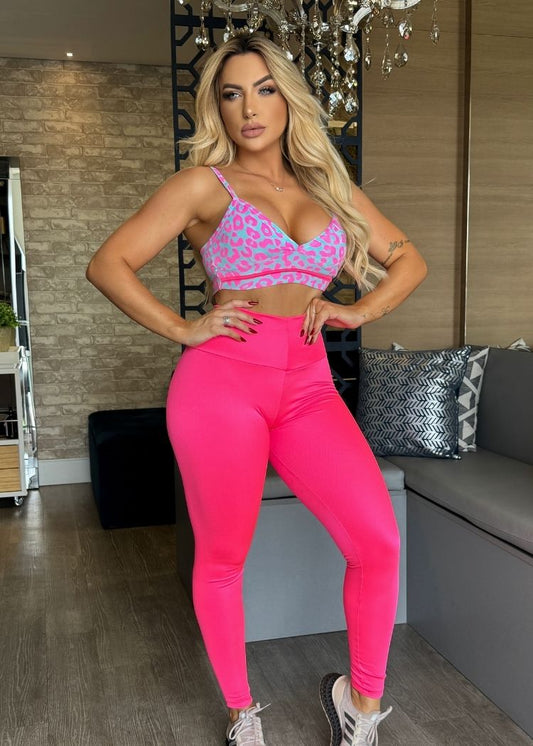 Conjunto Fitness Top Oncinha Lilás com Decote Legging Pink