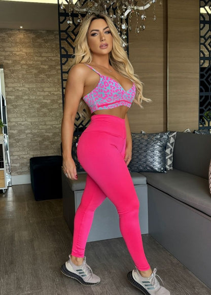 Conjunto Fitness Top Oncinha Lilás com Decote Legging Pink