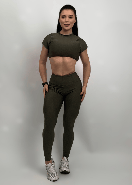 Conjunto Fitness Top Profético e Legging Capana Verde Musgo Zero Transparência