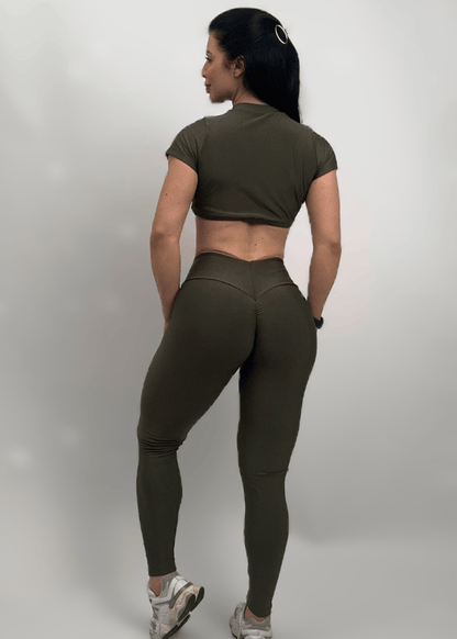 Conjunto Fitness Top Profético e Legging Capana Verde Musgo Zero Transparência