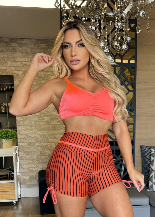 Conjunto Fitness Top Coral com Decote Short Terracota Listrado