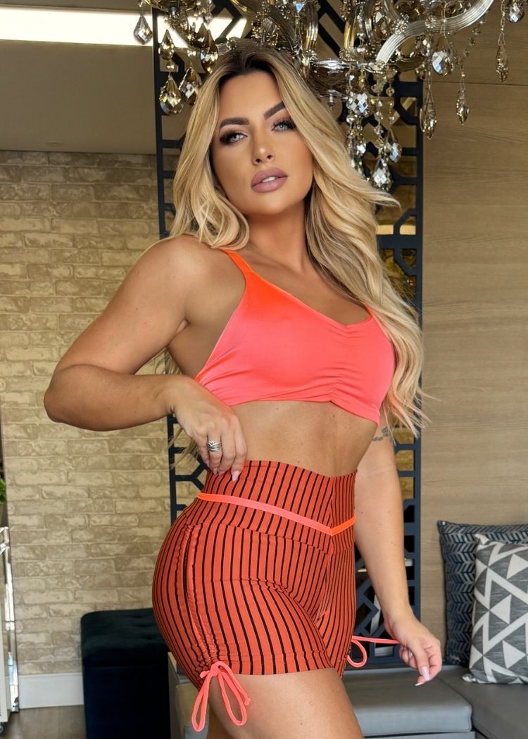 Conjunto Fitness Top Coral com Decote Short Terracota Listrado
