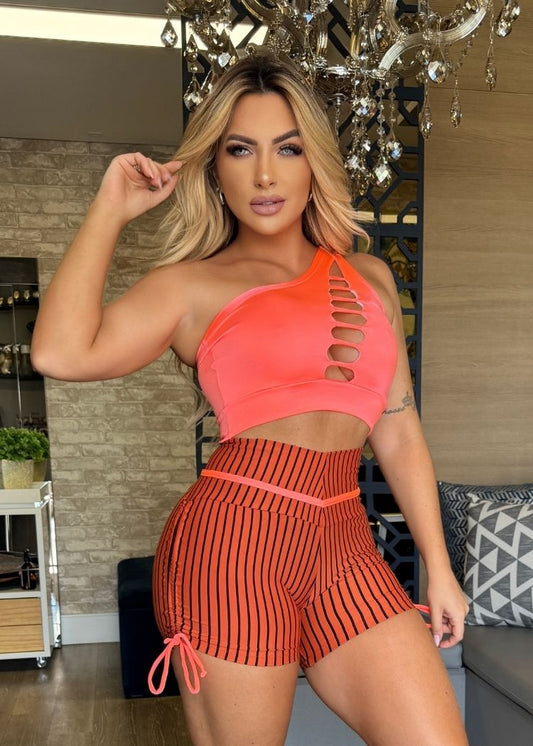 Conjunto Fitness Top Coral com Tiras Short Terracota Listrado